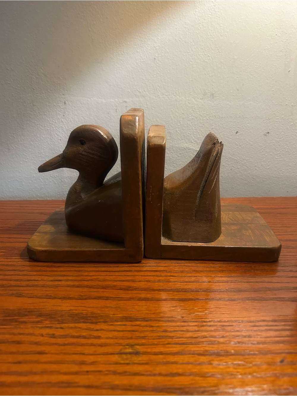 Hand-Carved Wooden Duck Bookends in Brown